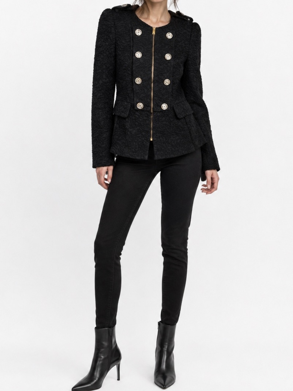 Zara Black Jacquard Military Jacket Gold Zip Crest Button Peplum Blazer Coat XS